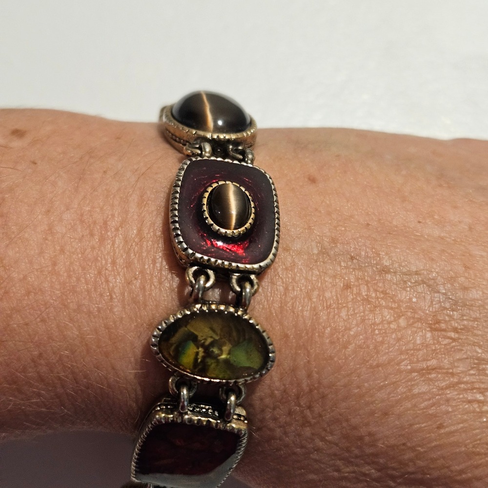 Vintage Liz Claiborne Link Bracelet Gold Multi Stone Mosaic Bohemian Statement